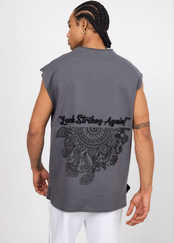 Безрукавка вільного крою з вишивкою і принтом сіра MFStore Изображение Безрукавка вільного крою з вишивкою і принтом сіра MFStore