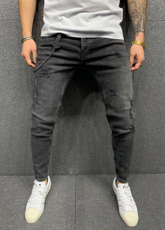 Джинсы с потертыми вставками и цепочкой с лого Изображение Джинсы с потертыми вставками и цепочкой с лого