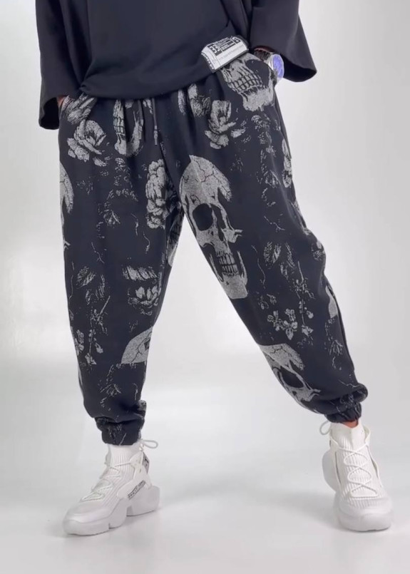 Стильні штани вільного крою з черепами чорно-білі MFStore Изображение Стильні штани вільного крою з черепами чорно-білі MFStore