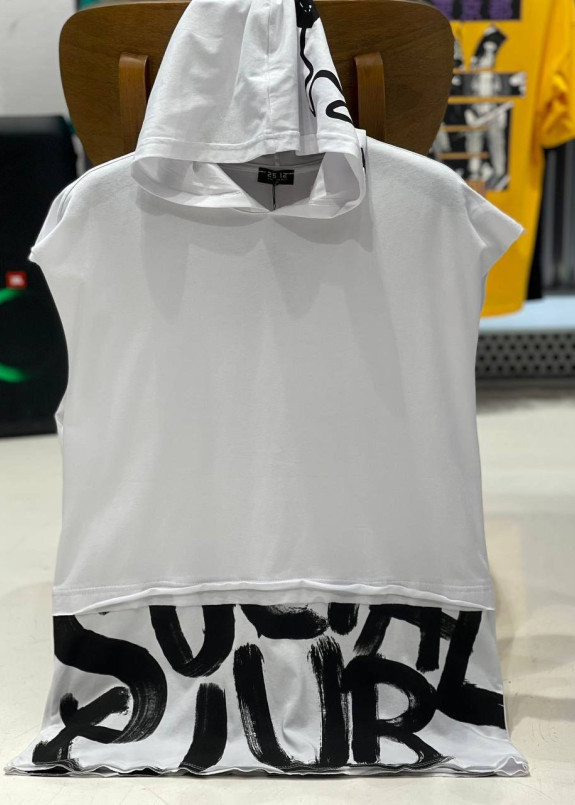 Майка чоловіча вільного крою з капюшоном і принтами біла MFStore Изображение Майка чоловіча вільного крою з капюшоном і принтами біла MFStore