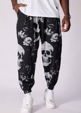 Стильні штани вільного крою з черепами чорно-білі MFStore Изображение Стильні штани вільного крою з черепами чорно-білі MFStore