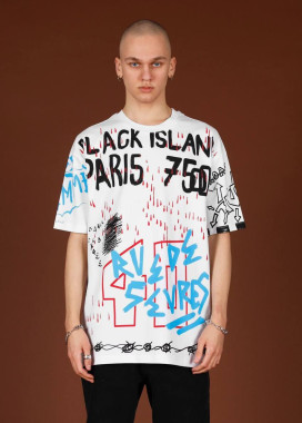 Стильная футболка оверсайз с принтами белая MFStore Изображение Стильная футболка оверсайз с принтами белая MFStore