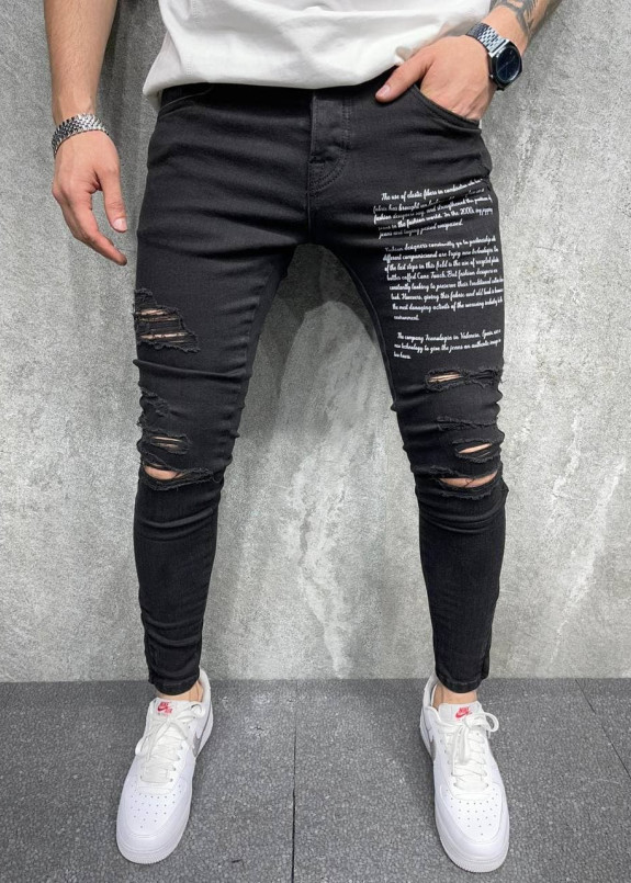 Джинсы с дырками и текстом слева MFStore Изображение Джинсы с дырками и текстом слева MFStore