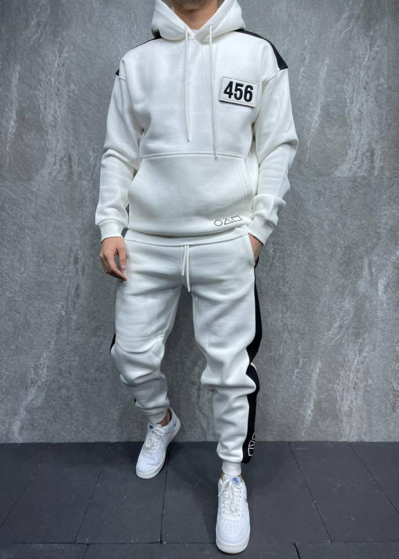 Костюм оверсайз на флисе с лампасами белый MFStore Изображение Костюм оверсайз на флисе с лампасами белый MFStore