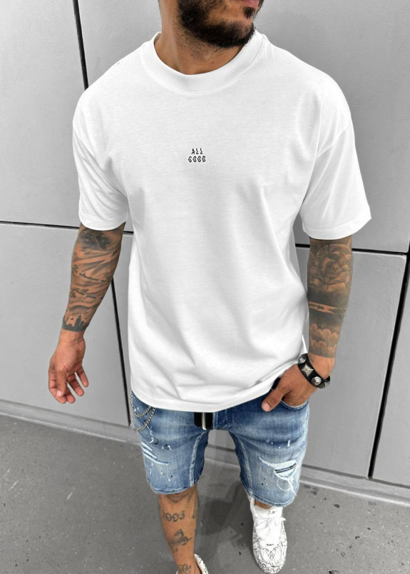 Футболка чоловіча оверсайз з текстом на грудях all good біла MFStore Изображение Футболка чоловіча оверсайз з текстом на грудях all good біла MFStore