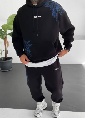 Костюм оверсайз с текстом і принтами на флісі чорний MFStore Изображение Костюм оверсайз с текстом і принтами на флісі чорний MFStore