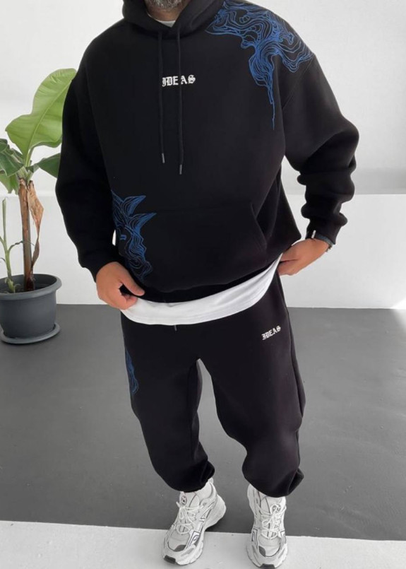 Костюм оверсайз с текстом і принтами на флісі чорний MFStore Изображение Костюм оверсайз с текстом і принтами на флісі чорний MFStore