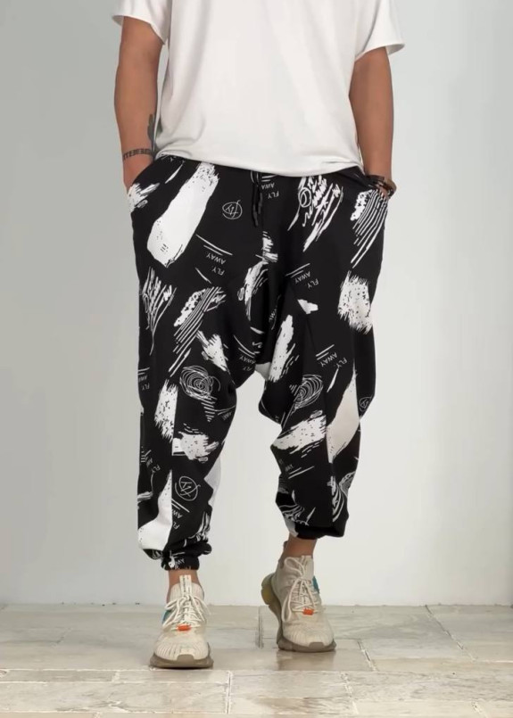Стильні штани вільного крою галіфе з малюнками чорно-білі MFStore Изображение Стильні штани вільного крою галіфе з малюнками чорно-білі MFStore