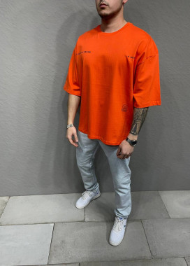 Футболка оверсайз мужская с текстом и принтами оранж MFStore Изображение Футболка оверсайз мужская с текстом и принтами оранж MFStore