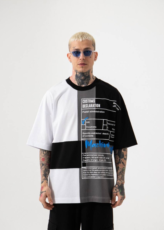 Футболка оверсайз троьхкольоров з текстом MFStore Изображение Футболка оверсайз троьхкольоров з текстом MFStore