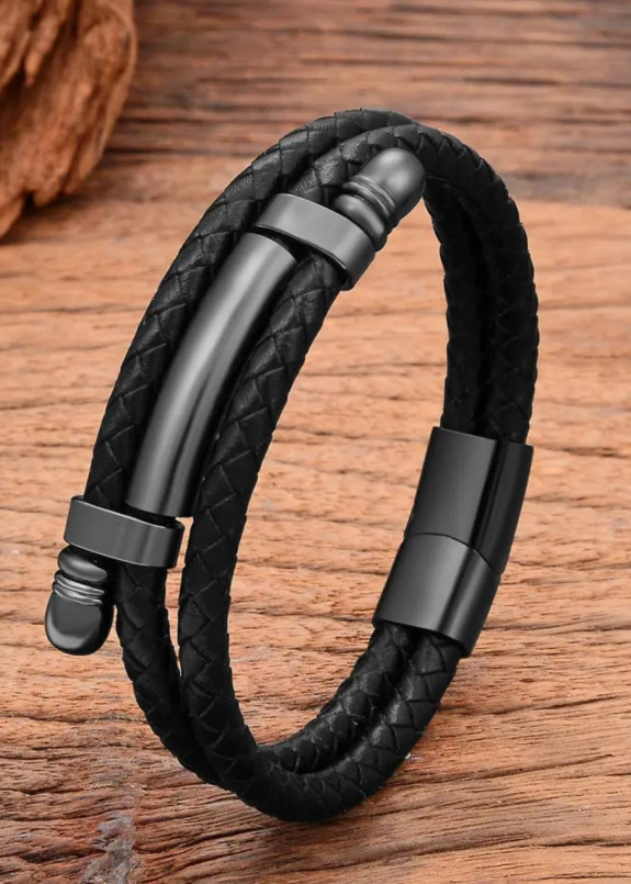 Браслет-мотузка шкіряний з металічною вставкою чорний MFStore Изображение Браслет-мотузка шкіряний з металічною вставкою чорний MFStore