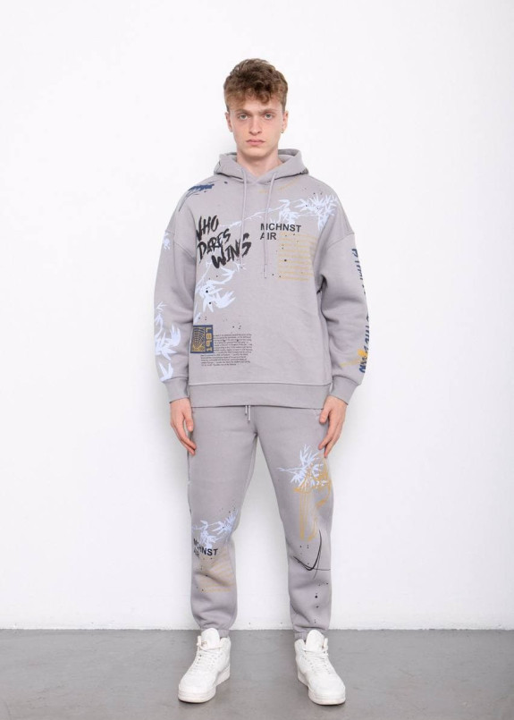 Костюм спортивный оверсайз с текстом и принтами серый MFStore Изображение Костюм спортивный оверсайз с текстом и принтами серый MFStore