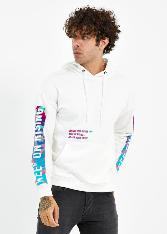 Худі чоловіче з принтами на грудях та рукавах біле MFStore Изображение Худі чоловіче з принтами на грудях та рукавах біле MFStore