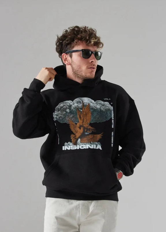 Худі чоловіче оверсайз з принтом на грудях чорне MFStore Изображение Худі чоловіче оверсайз з принтом на грудях чорне MFStore