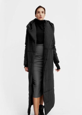 Женский черный пуховик с капюшоном в пол Изображение Женский черный пуховик с капюшоном в пол