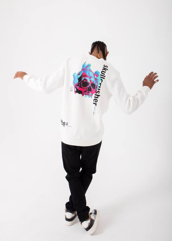 Свитшот белый на флисе c принтом scull MFStore Изображение Свитшот белый на флисе c принтом scull MFStore