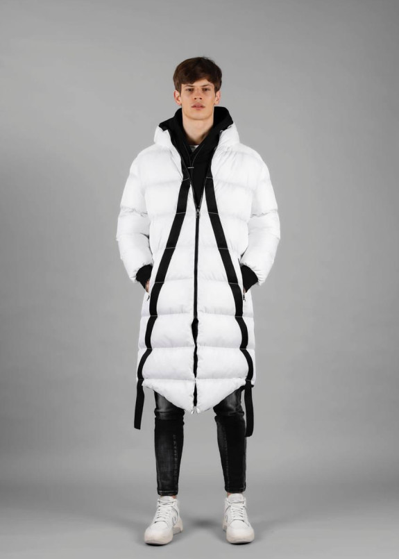 Мужская дизайнерская парка с лампасами белая MFStore Изображение Мужская дизайнерская парка с лампасами белая MFStore