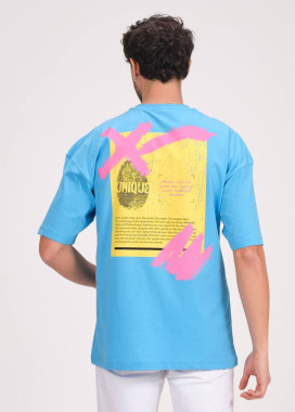 Футболка мужская оверсайз с принтом на груди и спине голубая MFStore Изображение Футболка мужская оверсайз с принтом на груди и спине голубая MFStore