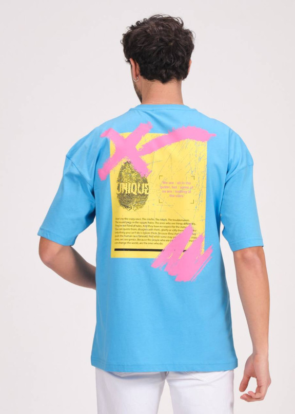 Футболка мужская оверсайз с принтом на груди и спине голубая MFStore Изображение Футболка мужская оверсайз с принтом на груди и спине голубая MFStore