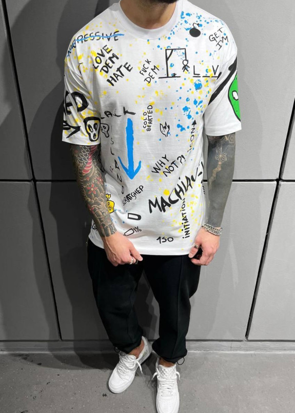 Футболка оверсайз с текстом и принтами белая MFStore Изображение Футболка оверсайз с текстом и принтами белая MFStore