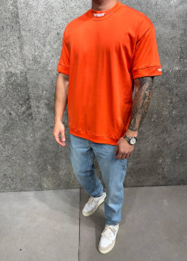 Футболка оверсайз з принтом на шиї outsider помаранчева MFStore Изображение Футболка оверсайз з принтом на шиї outsider помаранчева MFStore