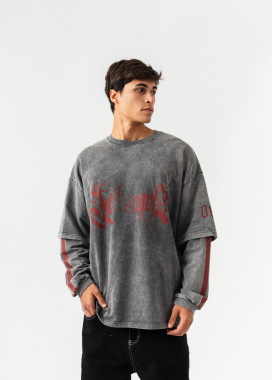 Стильний лонгслів з принтом і подвійним рукавом темно-сірий MFStore Изображение Стильний лонгслів з принтом і подвійним рукавом темно-сірий MFStore