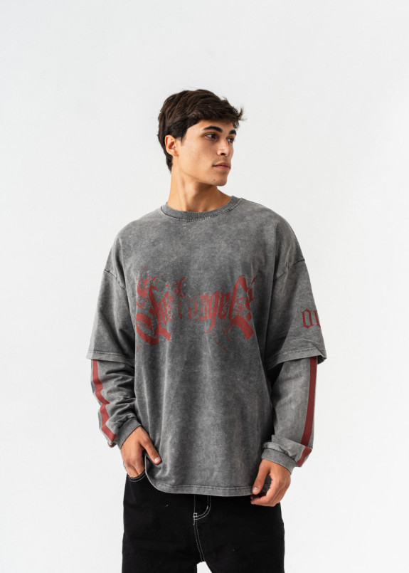 Стильний лонгслів з принтом і подвійним рукавом темно-сірий MFStore Изображение Стильний лонгслів з принтом і подвійним рукавом темно-сірий MFStore