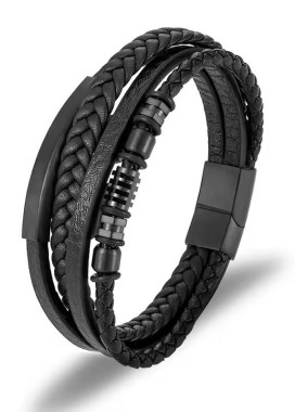 Стильний шкіряний браслет з нержавіючої сталі чорний багатошаровий MFStore Изображение Стильний шкіряний браслет з нержавіючої сталі чорний багатошаровий MFStore