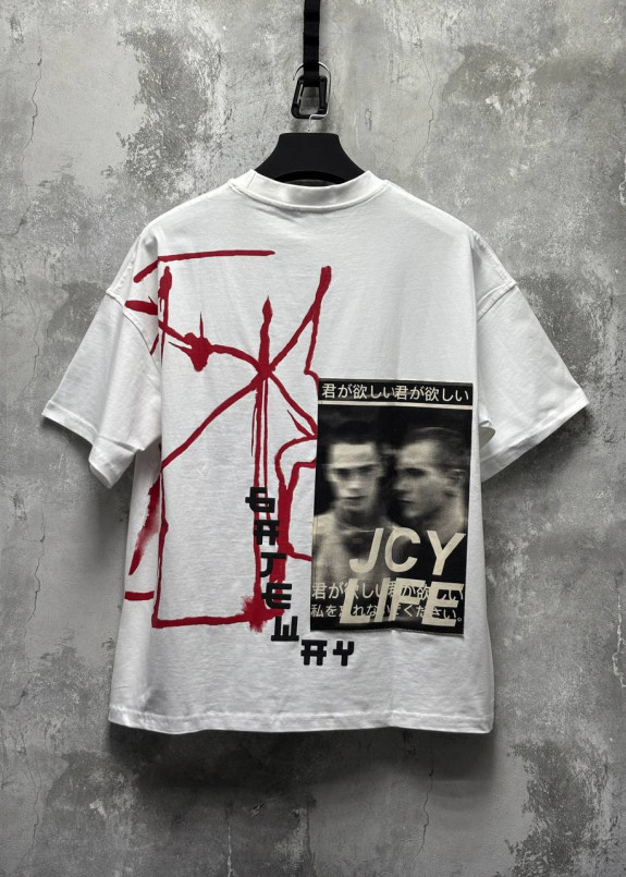 Стильна оверсайз футболка з текстом і принтами біла MFStore Изображение Стильна оверсайз футболка з текстом і принтами біла MFStore