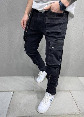 Изображение Джинсы карго с карманами и шлейками черные MFStore