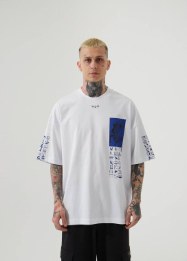 Футболка чоловіча оверсайз з синім текстом і принтами біла MFStore Изображение Футболка чоловіча оверсайз з синім текстом і принтами біла MFStore
