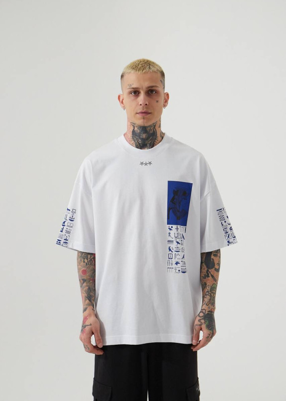 Футболка чоловіча оверсайз з синім текстом і принтами біла MFStore Изображение Футболка чоловіча оверсайз з синім текстом і принтами біла MFStore