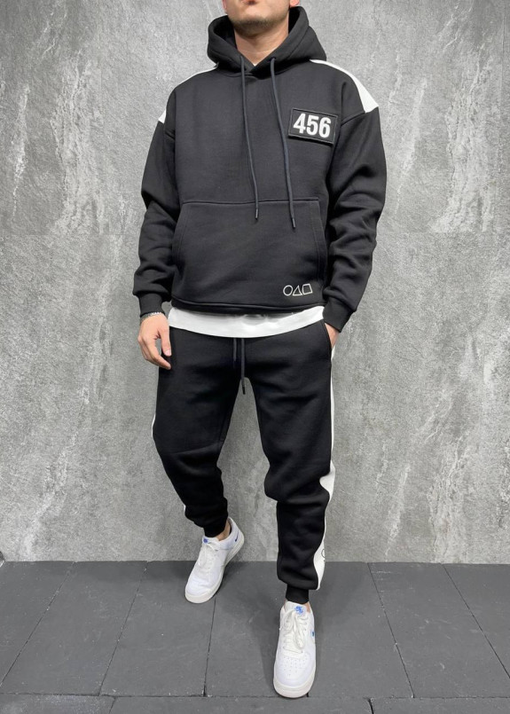 Костюм оверсайз на флисе с лампасами черный MFStore Изображение Костюм оверсайз на флисе с лампасами черный MFStore