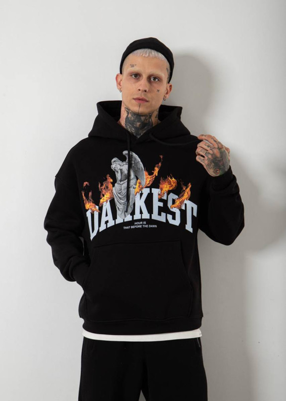 Худі оверсайз на флісі з вогняним принтом чорне MFStore Изображение Худі оверсайз на флісі з вогняним принтом чорне MFStore