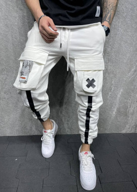 Брюки белые спортивные с крестиком и линиями MFStore Изображение Брюки белые спортивные с крестиком и линиями MFStore