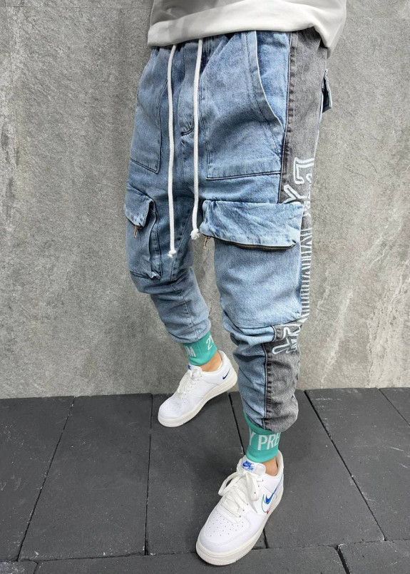 Джинсы с накладными карманами и мятными манжетами голубые MFStore Изображение Джинсы с накладными карманами и мятными манжетами голубые MFStore