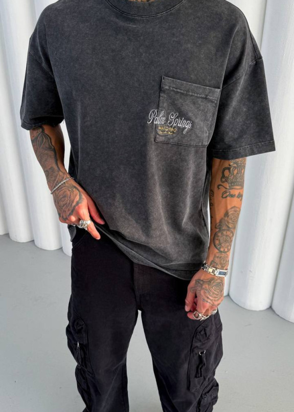 Футболка оверсайз виварена з вишивкою і карманом на грудях темно-сіра MFStore Изображение Футболка оверсайз виварена з вишивкою і карманом на грудях темно-сіра MFStore