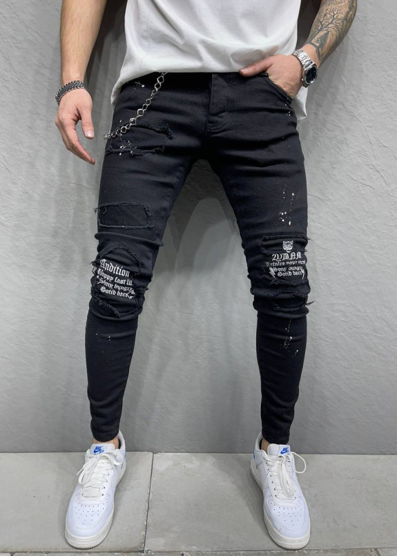 Узкие джинсы рванные с текстом на коленях черные MFStore Изображение Узкие джинсы рванные с текстом на коленях черные MFStore