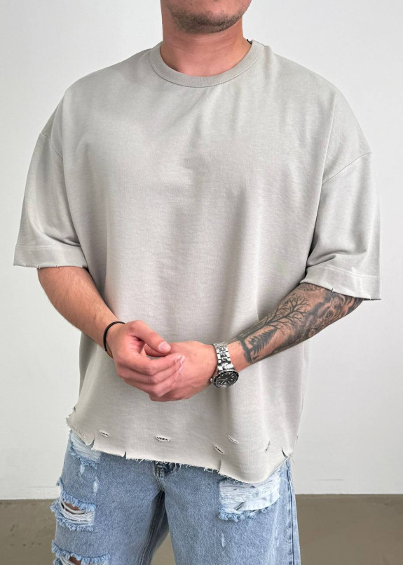 Футболка oversize з необробленим краєм та дірками сірий MFStore Изображение Футболка oversize з необробленим краєм та дірками сірий MFStore