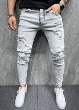 Джинсы узкие светлые с рваными коленями Mfstore Изображение Джинсы узкие светлые с рваными коленями Mfstore