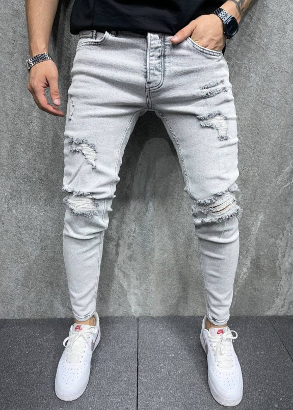 Джинсы узкие светлые с рваными коленями Mfstore Изображение Джинсы узкие светлые с рваными коленями Mfstore