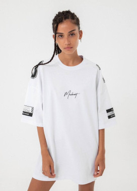 Футболка оверсайз унисекс с текстом и принтами белая Mfstore Изображение Футболка оверсайз унисекс с текстом и принтами белая Mfstore