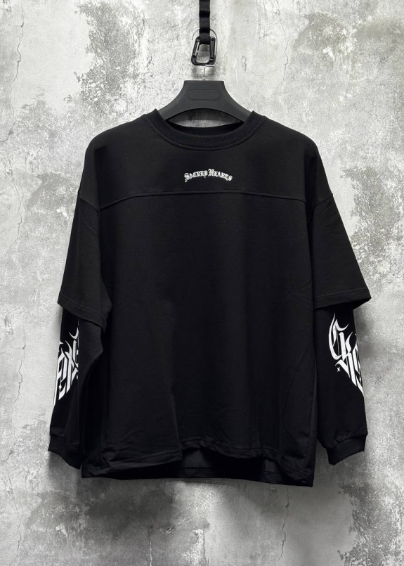 Стильний лонгслів з подвійним рукавом і принтом чорний MFStore Изображение Стильний лонгслів з подвійним рукавом і принтом чорний MFStore