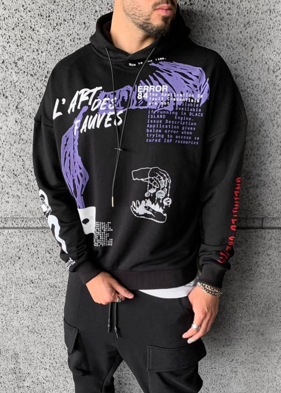 Худи оверсайз с разноцветными принтами черный MFStore Изображение Худи оверсайз с разноцветными принтами черный MFStore