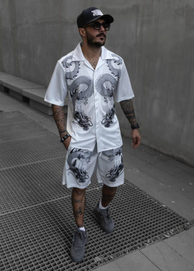 Костюм оверсайз рубашкою і візерунком драконів білий MFStore Изображение Костюм оверсайз рубашкою і візерунком драконів білий MFStore