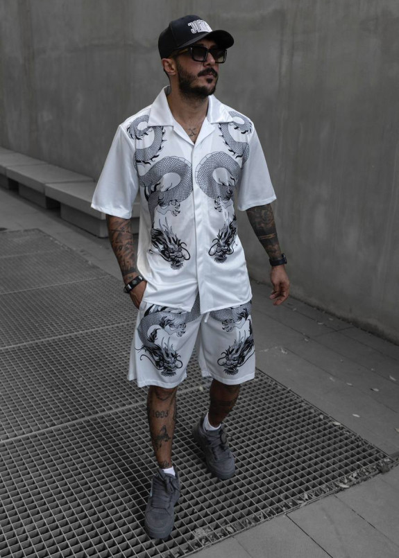 Костюм оверсайз рубашкою і візерунком драконів білий MFStore Изображение Костюм оверсайз рубашкою і візерунком драконів білий MFStore