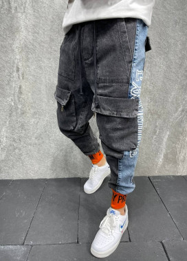 Джинсы с накладными карманами и оранжевыми манжетами серые MFStore Изображение Джинсы с накладными карманами и оранжевыми манжетами серые MFStore
