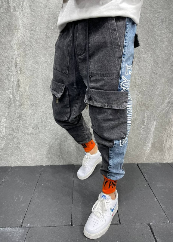 Джинсы с накладными карманами и оранжевыми манжетами серые MFStore Изображение Джинсы с накладными карманами и оранжевыми манжетами серые MFStore