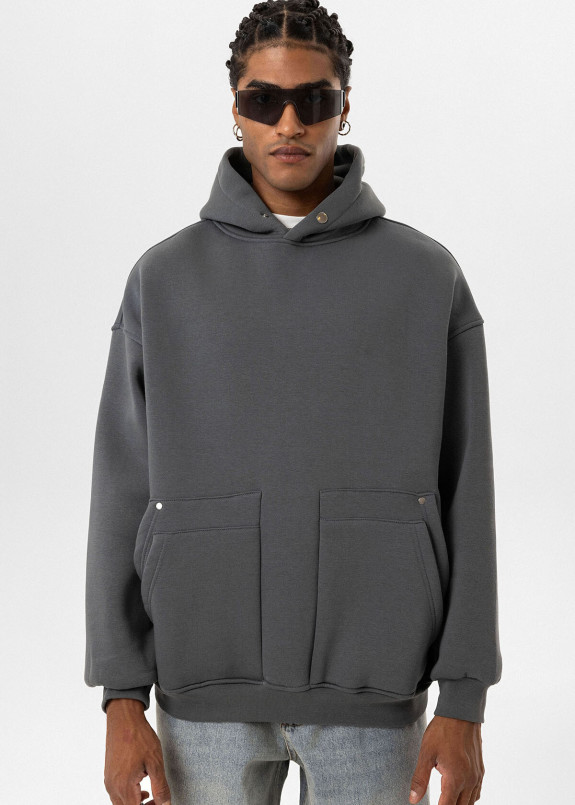 Худі оверсайз на флісі з подвійним карманом сіре MFStore Изображение Худі оверсайз на флісі з подвійним карманом сіре MFStore