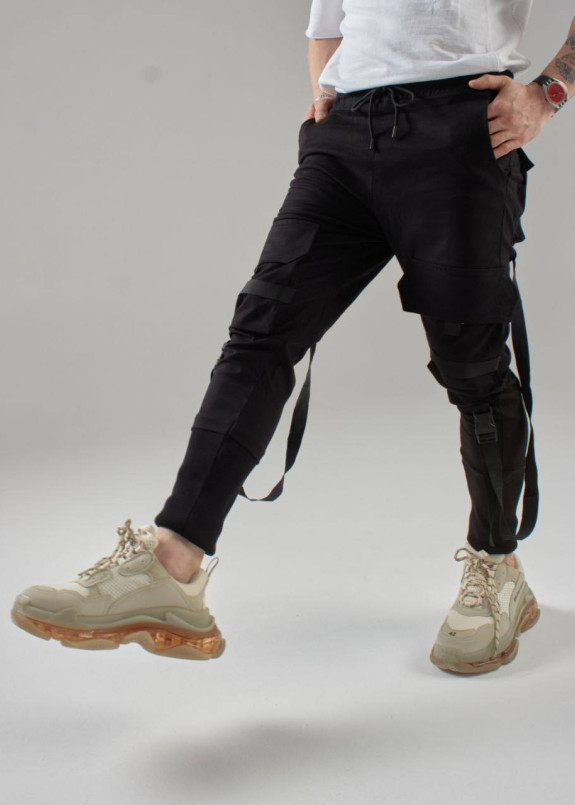 Штани карго чоловічі з лампасами чорні MFStore Изображение Штани карго чоловічі з лампасами чорні MFStore